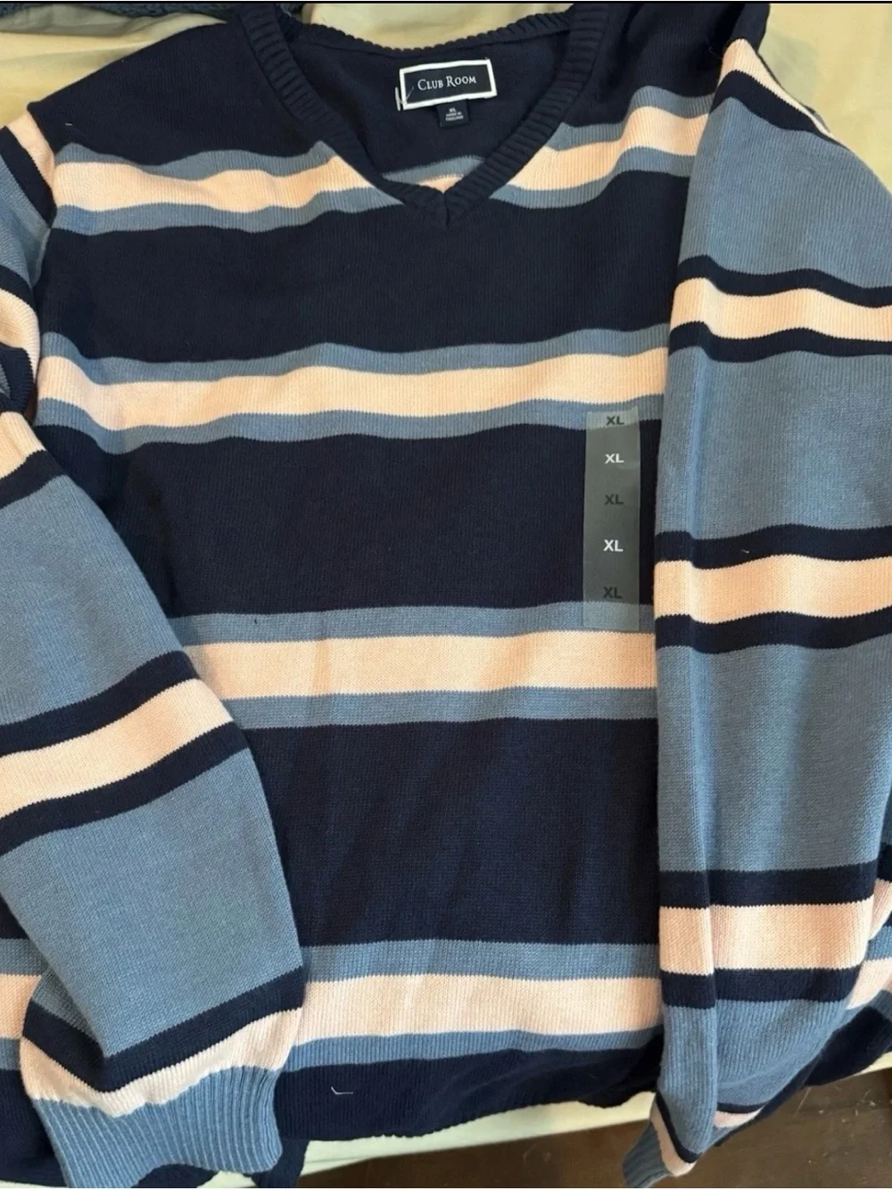 Club Room Men’s Navy, Light Blue & Cream Striped V-Neck Sweater